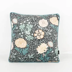 Kissen Madeleine aus Samt mit Kederumrandung Blumen schwarz türkisgrün 45x45cm