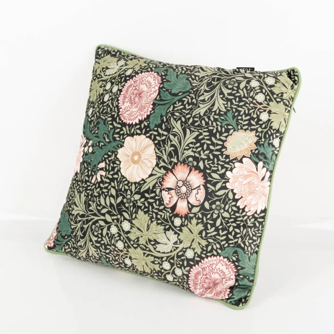 Kissen Madeleine aus Samt mit Kederumrandung Blumen grün rosa 45x45cm