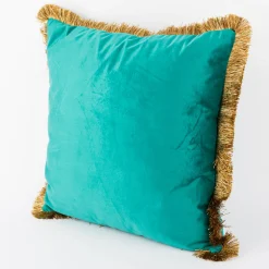 Kissen Samtoptik mit Fransenrand türkis gold 45x45cm