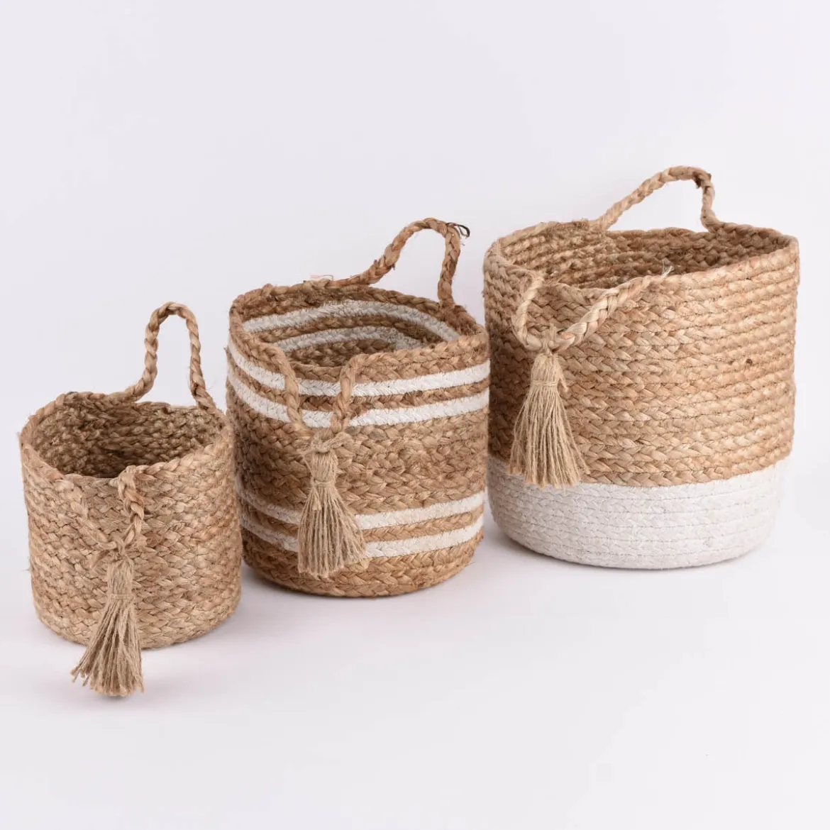 Korbset aus Jute und Baumwolle 3-teilig mit Henkeln und Quaste natur weiß 24x26cm