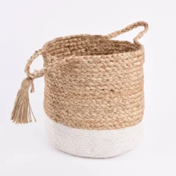 Korbset aus Jute und Baumwolle 3-teilig mit Henkeln und Quaste natur weiß 24x26cm