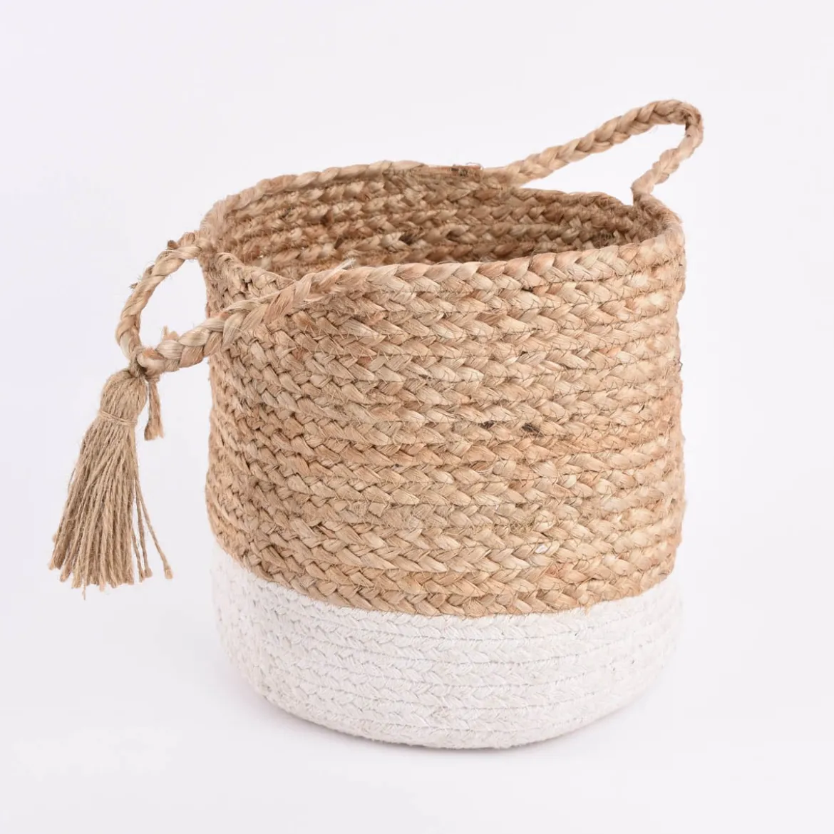 Korbset aus Jute und Baumwolle 3-teilig mit Henkeln und Quaste natur weiß 24x26cm