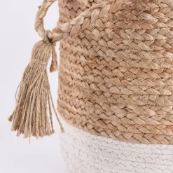 Korbset aus Jute und Baumwolle 3-teilig mit Henkeln und Quaste natur weiß 24x26cm