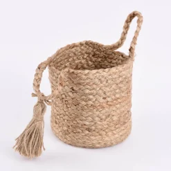 Korbset aus Jute und Baumwolle 3-teilig mit Henkeln und Quaste natur weiß 24x26cm