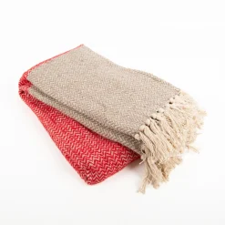 Kuscheldecke mit Fransen Fischgrät-Dessin natur rot 150x125cm