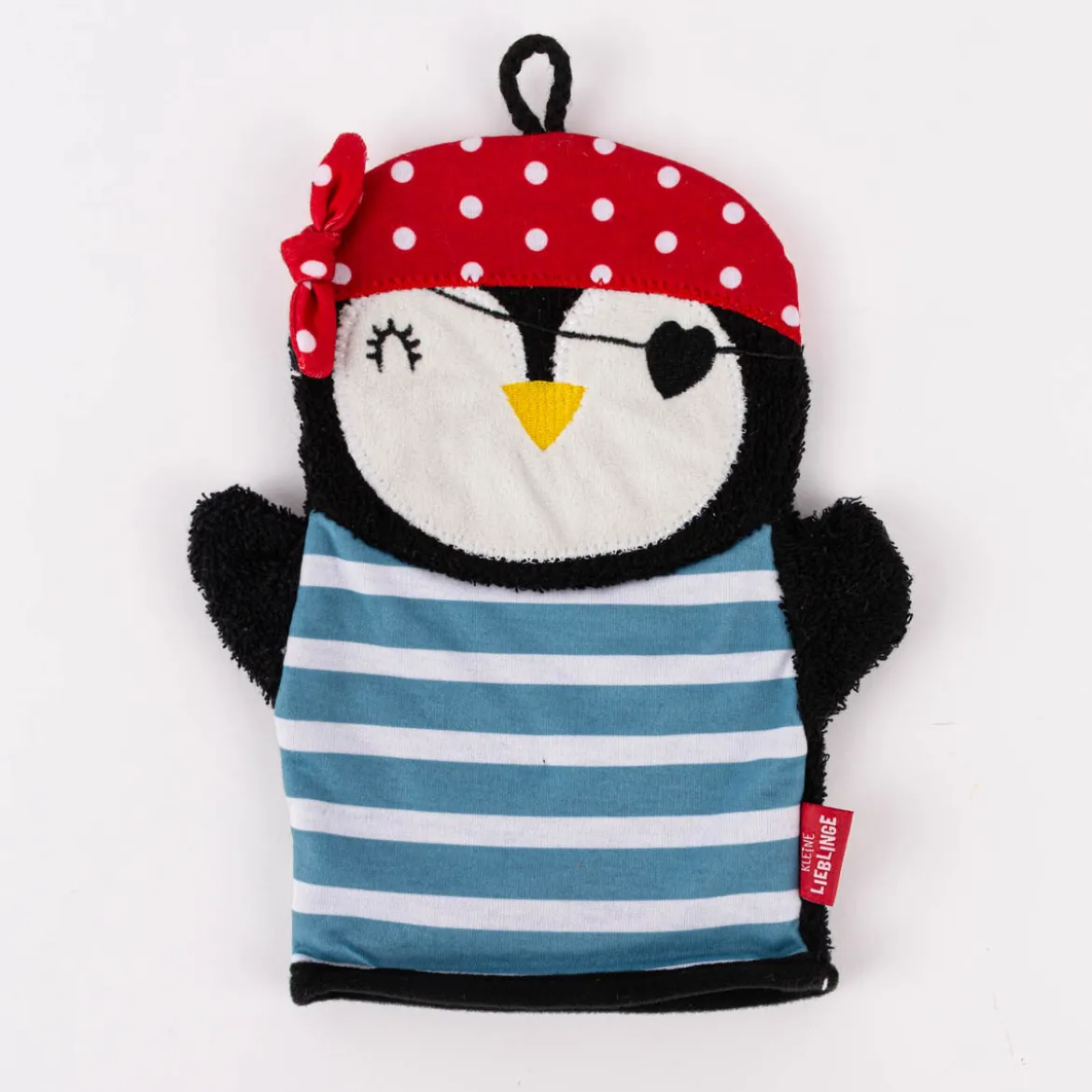 La Vida Kinder Waschhandschuh Pinguin Pirat aus Baumwolle schwarz bunt 24x20cm