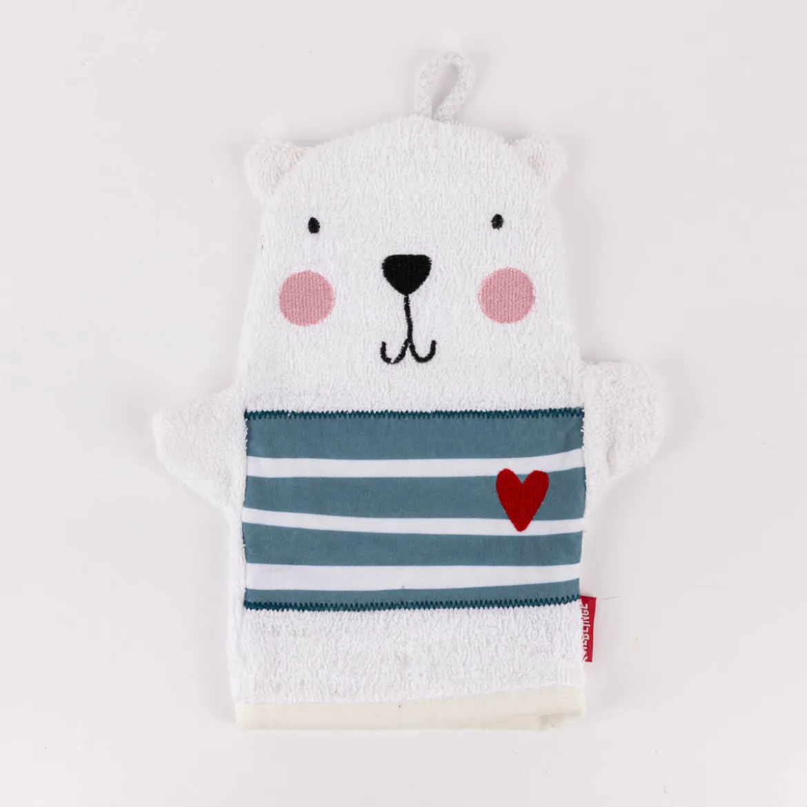 La Vida Kinder Waschhandschuh Bär aus Baumwolle weiß blau 24x20cm