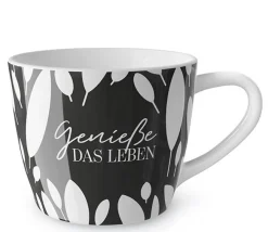 La Vida Porzellan Tasse Blätter Genieße das Leben schwarz weiß 400ml