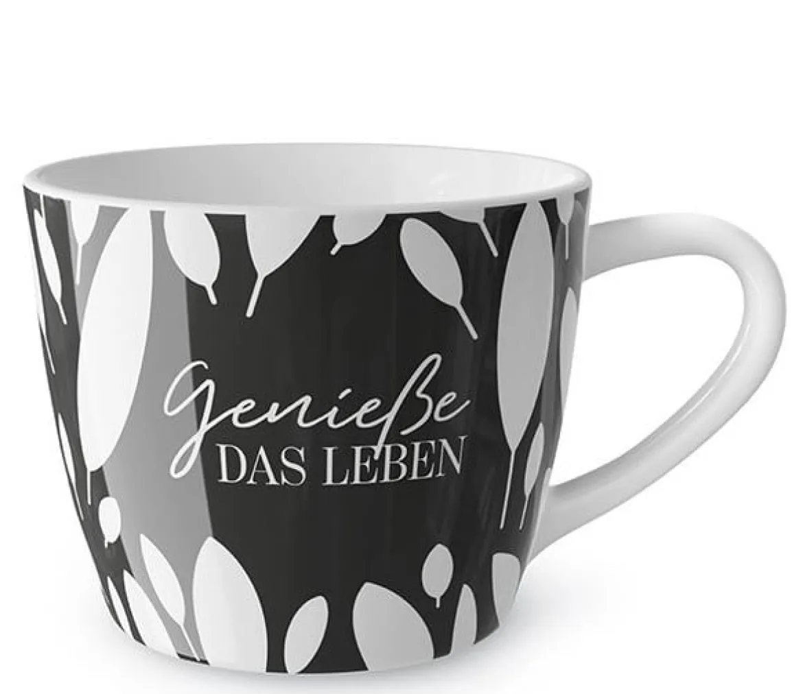 La Vida Porzellan Tasse Blätter Genieße das Leben schwarz weiß 400ml