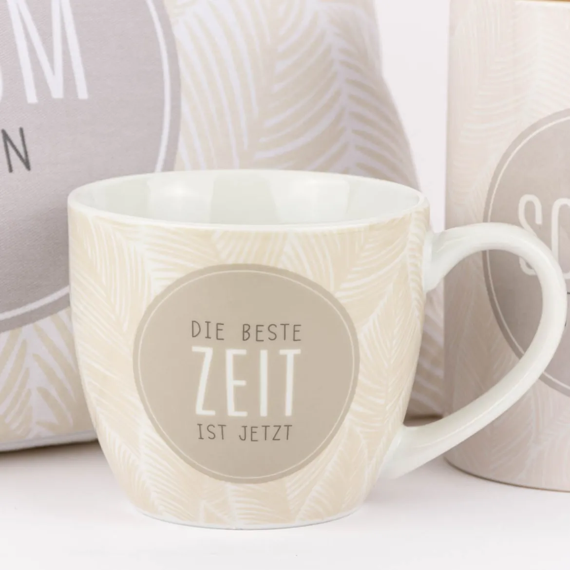 La Vida Porzellan Tasse Die beste Zeit ist jetzt Federn beige weiß 400ml
