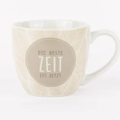 La Vida Porzellan Tasse Die beste Zeit ist jetzt Federn beige weiß 400ml