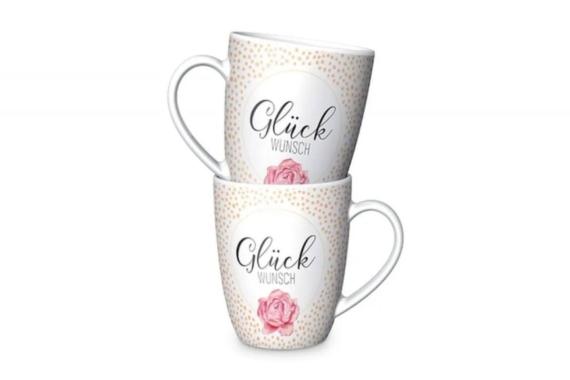 La Vida Porzellan Tasse Glückwunsch Rose weiß gelb rosa 8x10cm