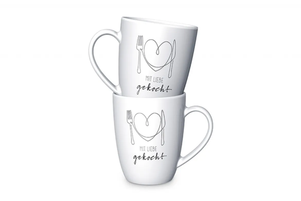 La Vida Porzellan Tasse Mit Liebe gekocht Herz Besteck weiß schwarz 8x10cm