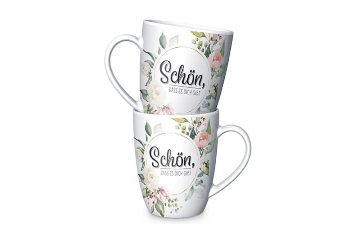 La Vida Porzellan Tasse Schön, dass es dich gibt Blumenkranz weiß pastell 8x10cm