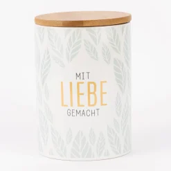 La Vida Vorratsdose Mit Liebe gemacht Blätter Porzellan mit Bambusdeckel weiß mintgrün 11x16cm