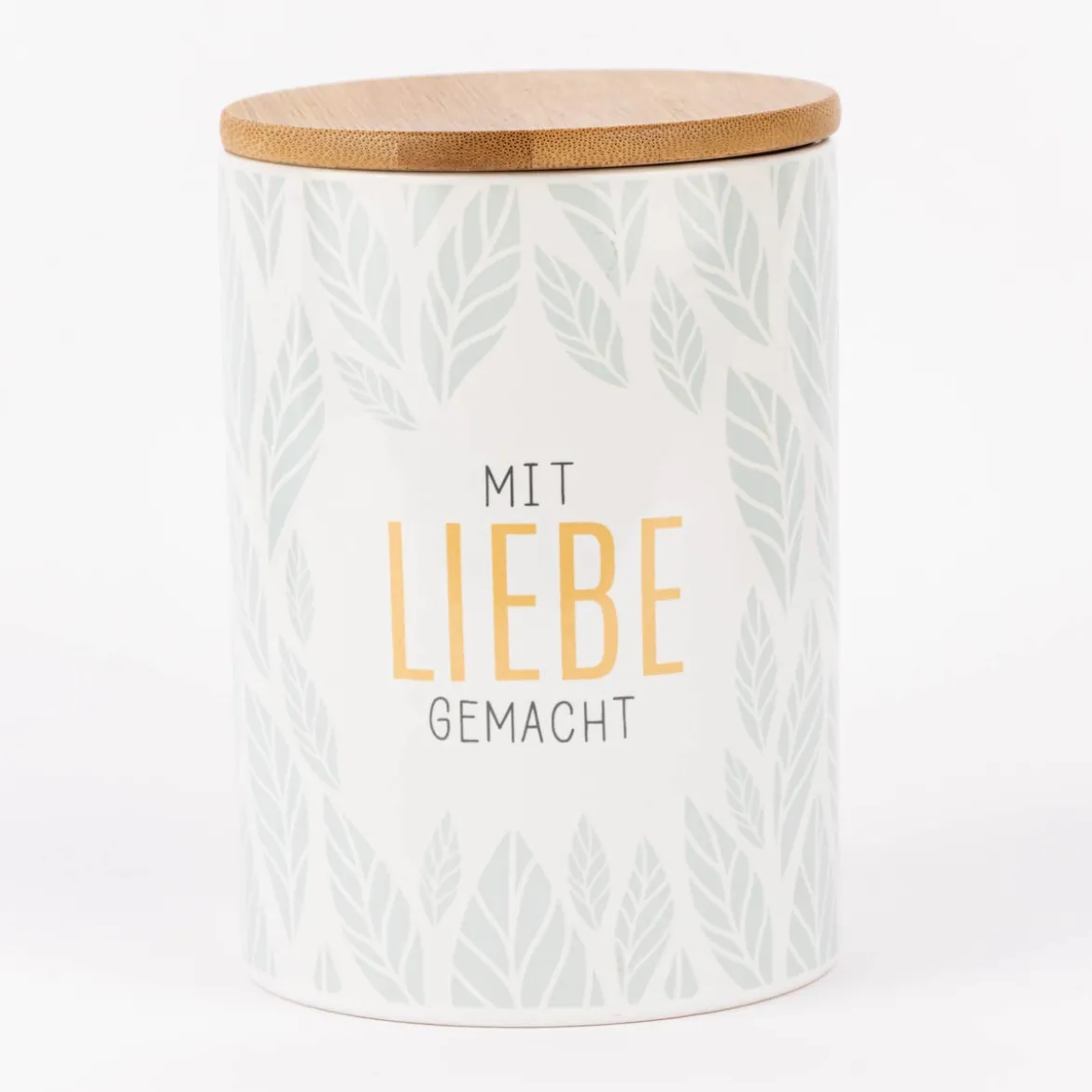 La Vida Vorratsdose Mit Liebe gemacht Blätter Porzellan mit Bambusdeckel weiß mintgrün 11x16cm