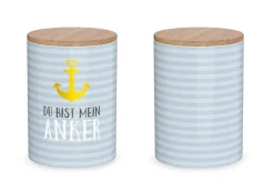 La Vida Vorratsdose Streifen Anker Du bist mein Anker Porzellan mit Bambusdeckel blau natur 11x16cm