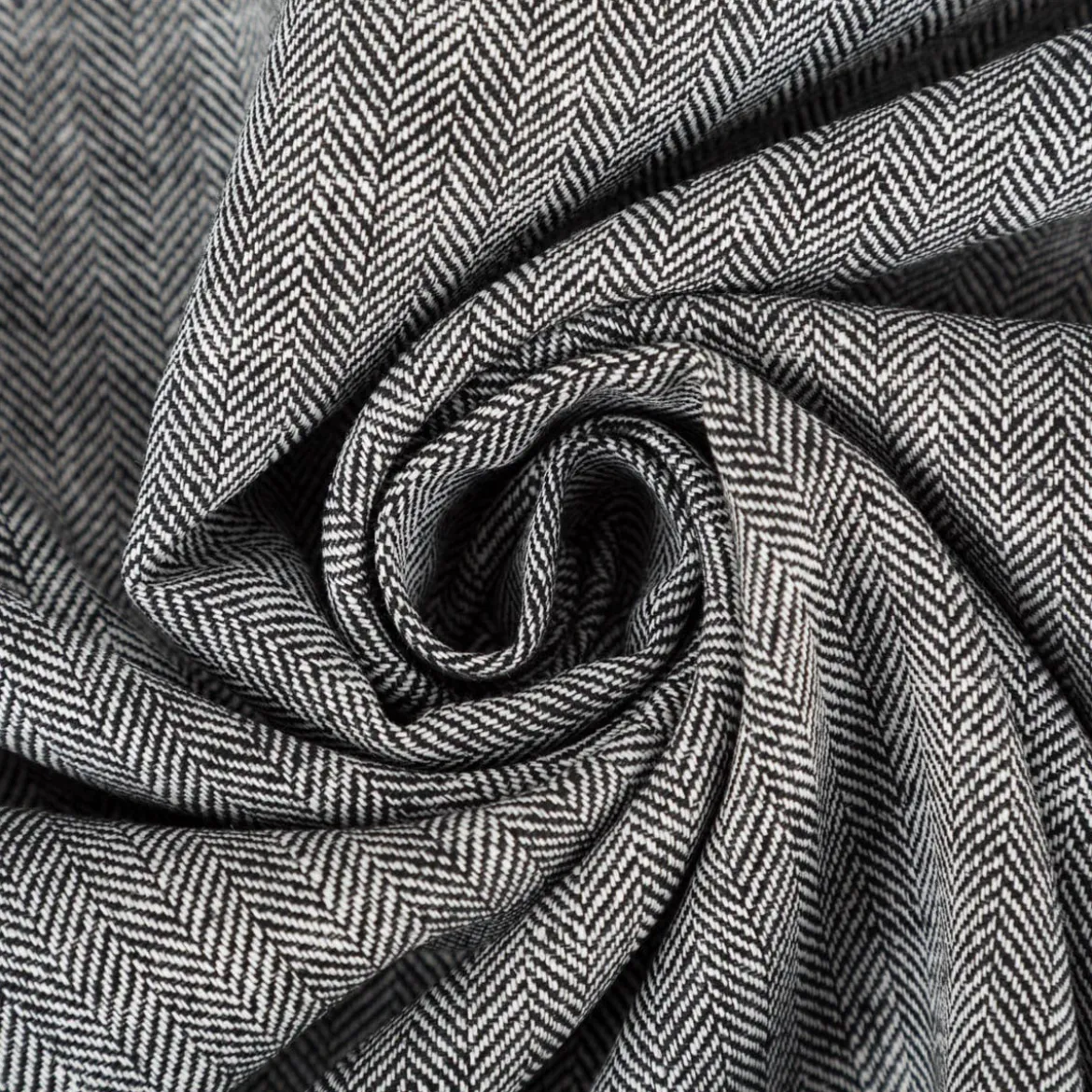 Leinen-Baumwollstoff Chambray Fischgrät meliert schwarz 1,38m Breite