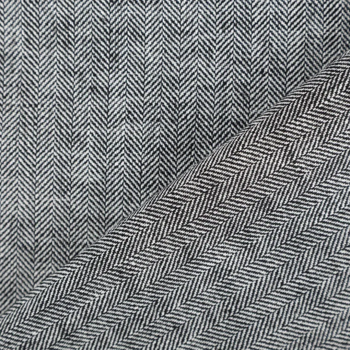 Leinen-Baumwollstoff Chambray Fischgrät meliert schwarz 1,38m Breite