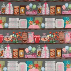 LeQuilt Patchworkstoff Baumwollstoff Popeline Süßigkeiten Leckereien im Regal 115cm Breite