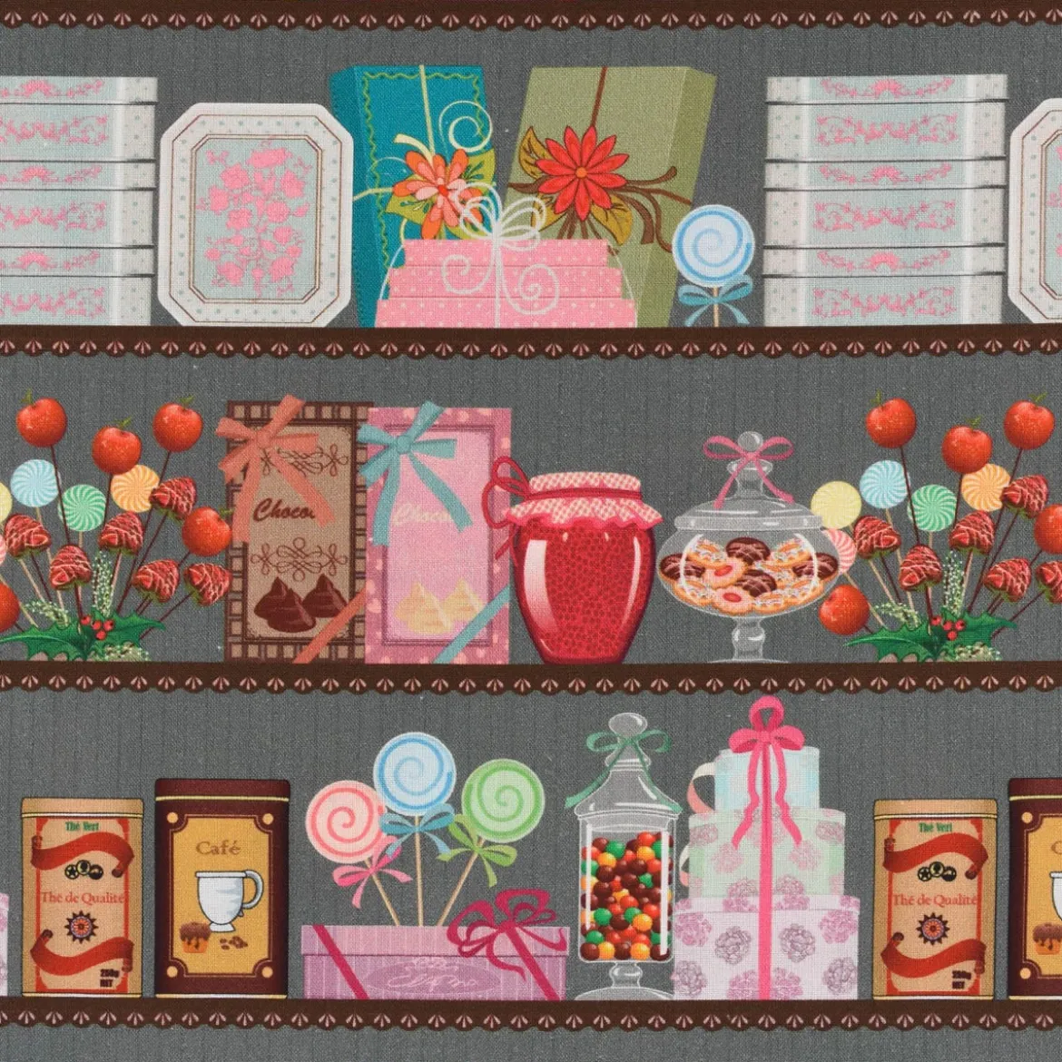 LeQuilt Patchworkstoff Baumwollstoff Popeline Süßigkeiten Leckereien im Regal 115cm Breite