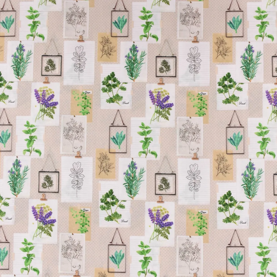 LeQuilt Patchworkstoff Baumwollstoff Popeline Kräuter Pflanzen Bilderwand beige grün lila 115cm Breite