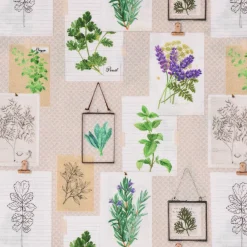 LeQuilt Patchworkstoff Baumwollstoff Popeline Kräuter Pflanzen Bilderwand beige grün lila 115cm Breite