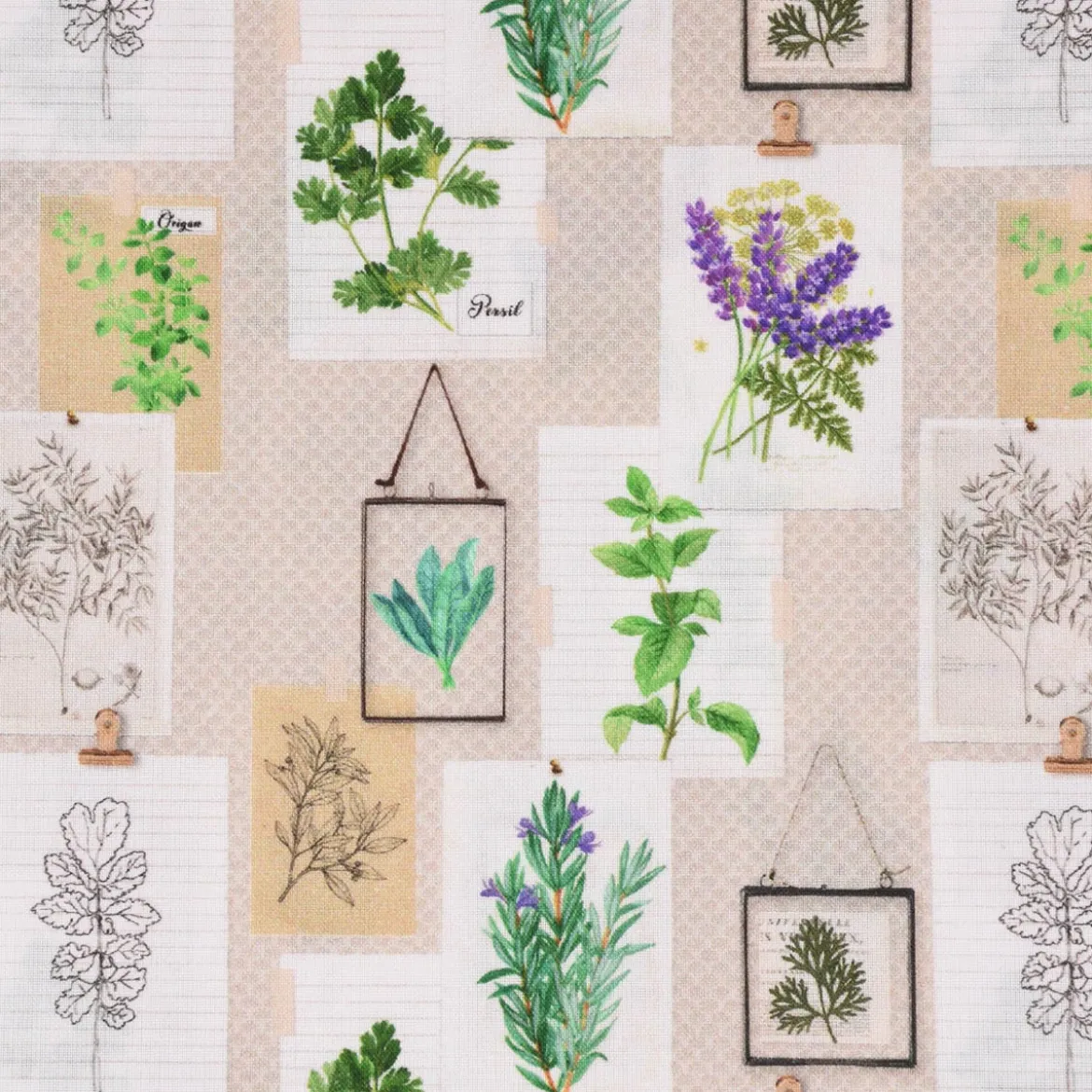 LeQuilt Patchworkstoff Baumwollstoff Popeline Kräuter Pflanzen Bilderwand beige grün lila 115cm Breite