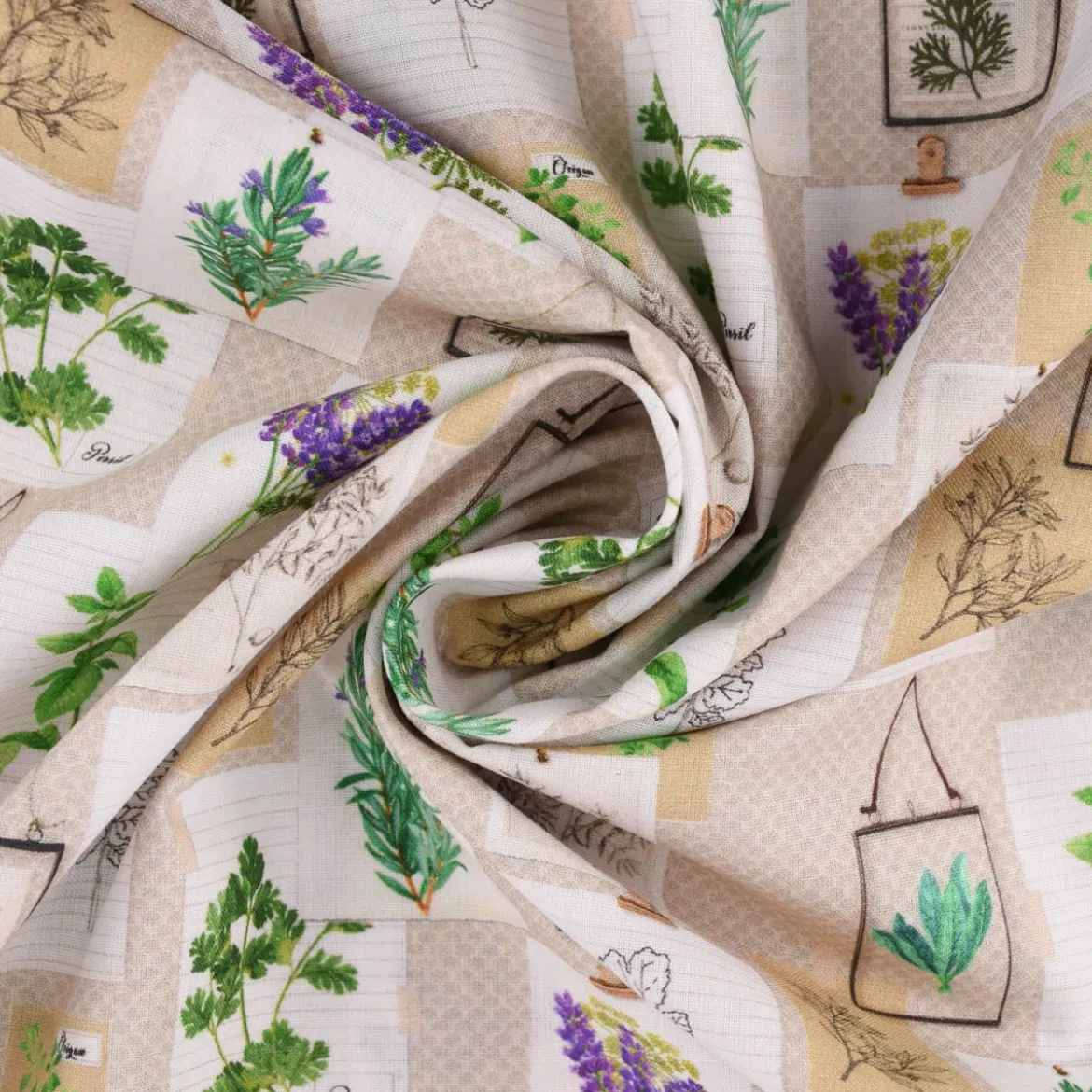LeQuilt Patchworkstoff Baumwollstoff Popeline Kräuter Pflanzen Bilderwand beige grün lila 115cm Breite