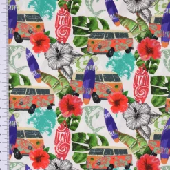 LeQuilt Patchworkstoff Baumwollstoff Popeline Waikiki Blumen Blätter Bus Surfbrett weiß bunt 115cm Breite