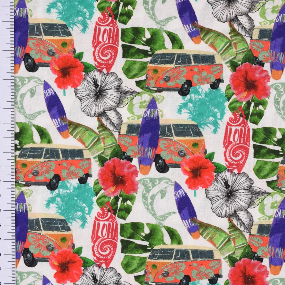 LeQuilt Patchworkstoff Baumwollstoff Popeline Waikiki Blumen Blätter Bus Surfbrett weiß bunt 115cm Breite