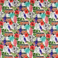 LeQuilt Patchworkstoff Baumwollstoff Popeline Waikiki Blumen Blätter Bus Surfbrett weiß bunt 115cm Breite