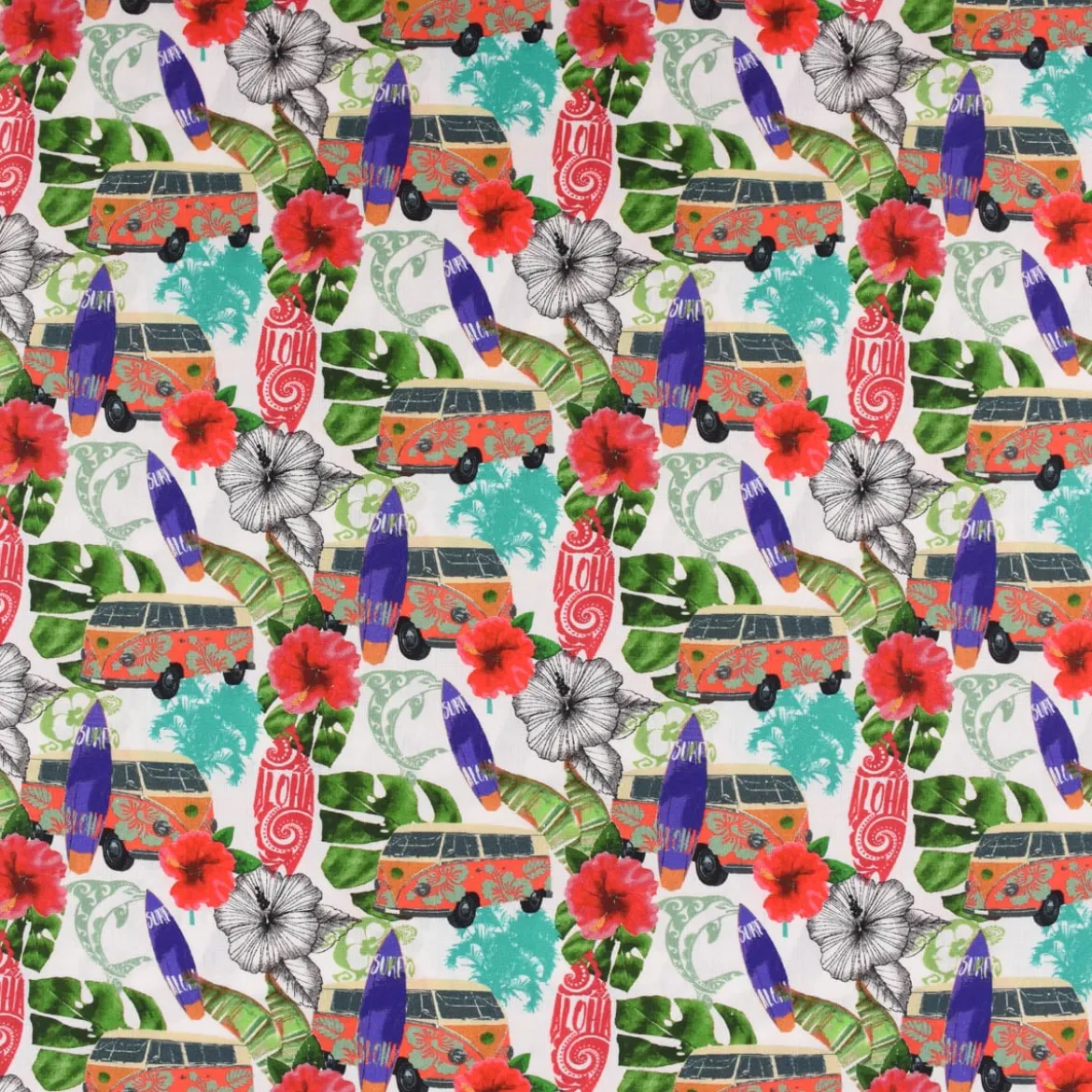 LeQuilt Patchworkstoff Baumwollstoff Popeline Waikiki Blumen Blätter Bus Surfbrett weiß bunt 115cm Breite