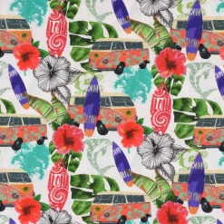 LeQuilt Patchworkstoff Baumwollstoff Popeline Waikiki Blumen Blätter Bus Surfbrett weiß bunt 115cm Breite