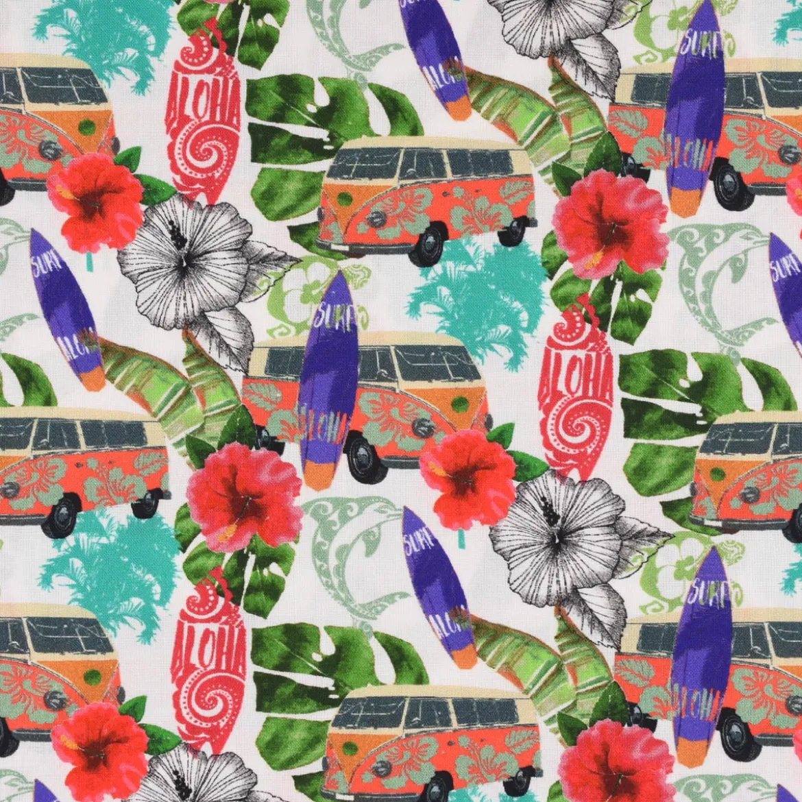 LeQuilt Patchworkstoff Baumwollstoff Popeline Waikiki Blumen Blätter Bus Surfbrett weiß bunt 115cm Breite