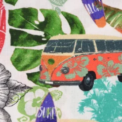 LeQuilt Patchworkstoff Baumwollstoff Popeline Waikiki Blumen Blätter Bus Surfbrett weiß bunt 115cm Breite