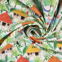 LeQuilt Patchworkstoff Baumwollstoff Popeline Gamboa Hütten weiß grün 115cm Breite