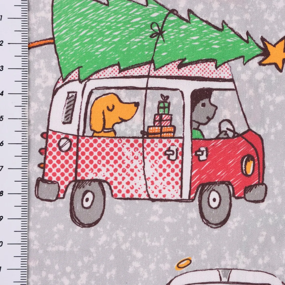 Lillestoff Bio Baumwollstoff Weihnachtsmööpmööp Autos Weihnachtsbaum grau bunt 1,5m Breite
