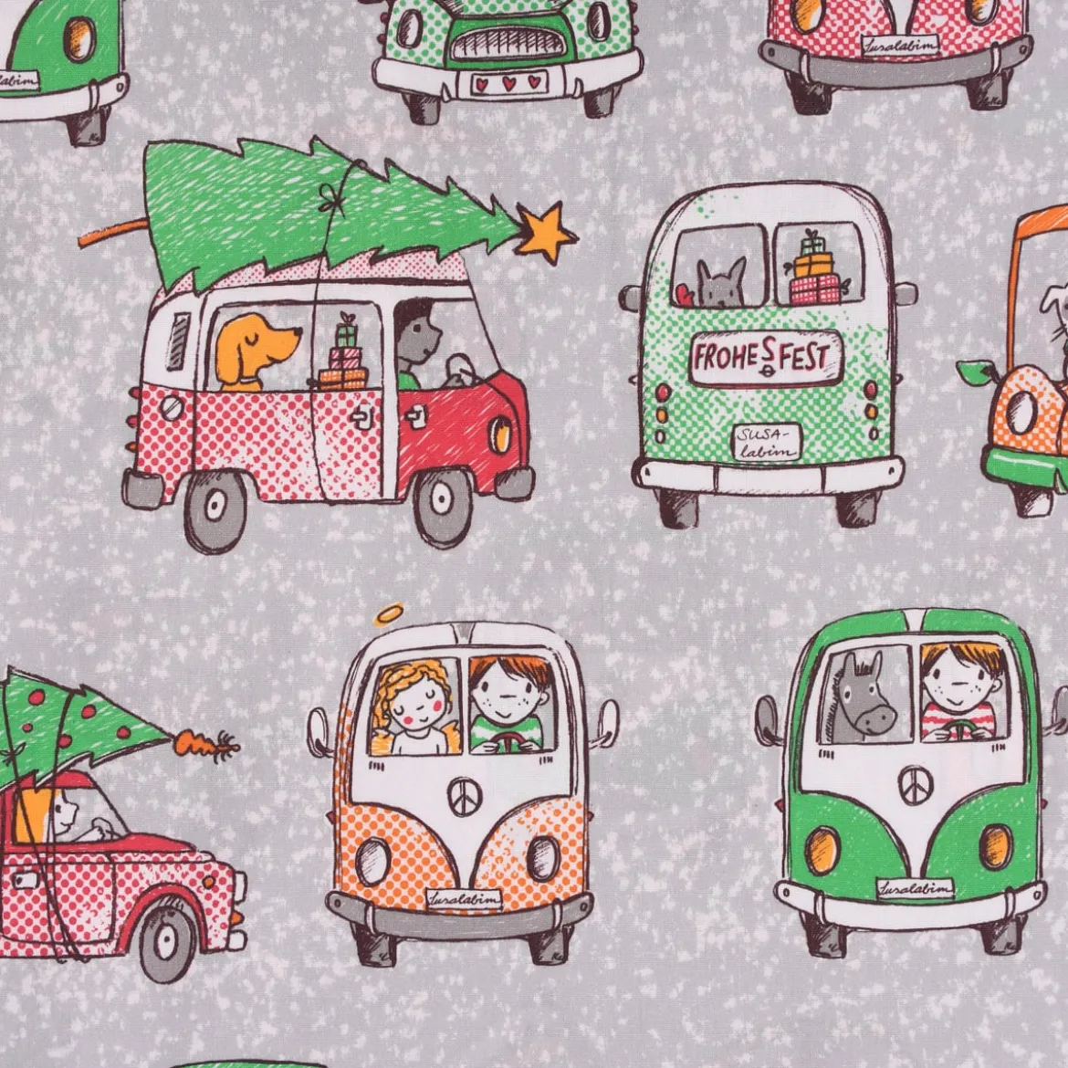 Lillestoff Bio Baumwollstoff Weihnachtsmööpmööp Autos Weihnachtsbaum grau bunt 1,5m Breite
