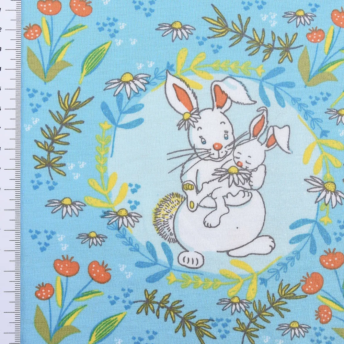 Lillestoff Bio-Jersey organic Jersey Buntes Glück Hase Blumen blau 1,5m Breite