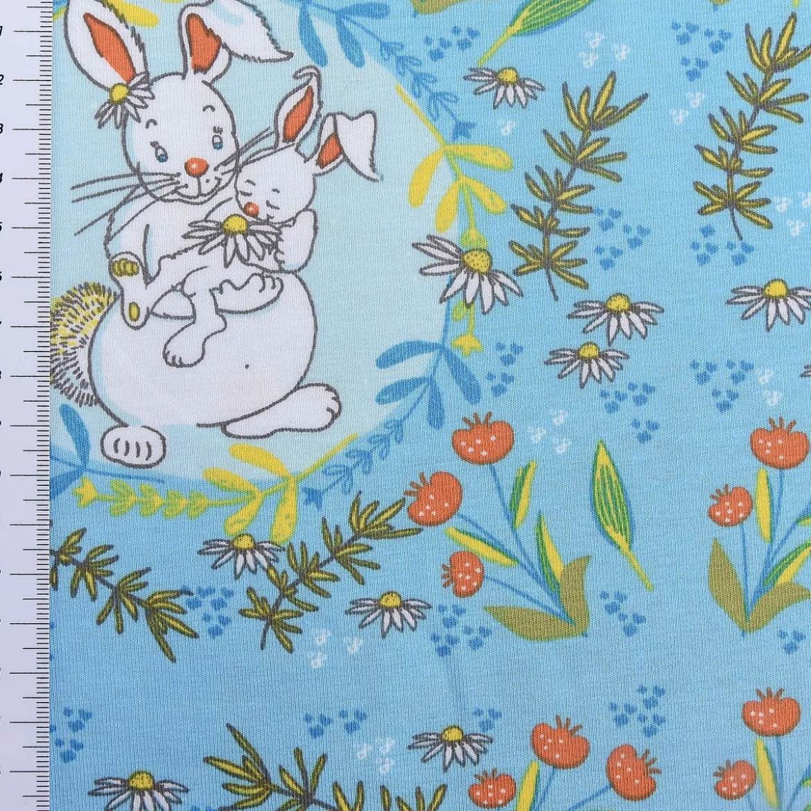 Lillestoff Bio-Jersey organic Jersey Buntes Glück Hase Blumen blau 1,5m Breite