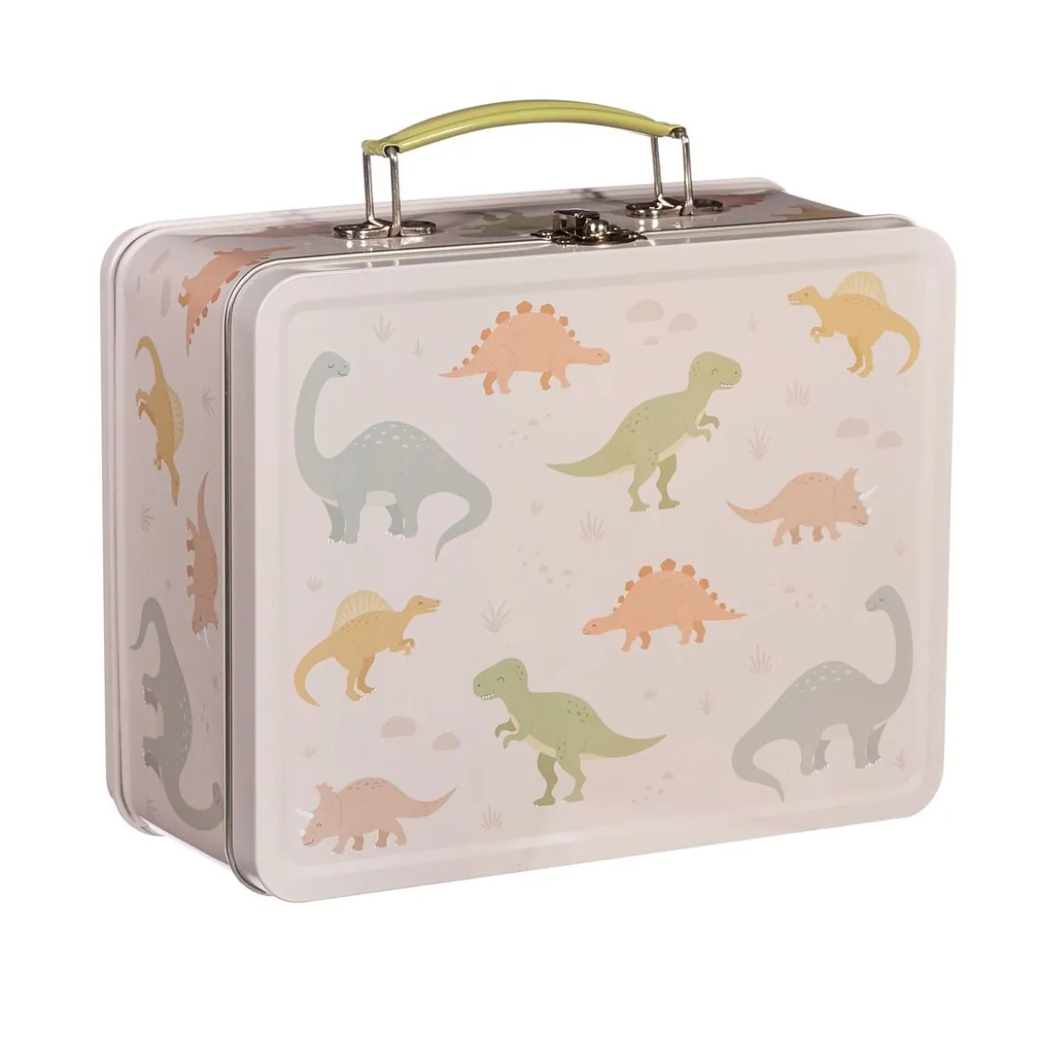 Lunchbox Koffer mit Dinos aus Metall beige bunt 22x17x10cm von Sass & Belle