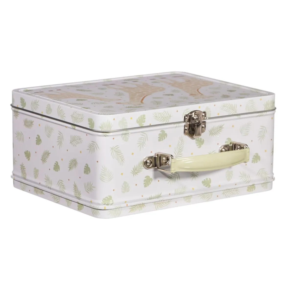 Lunchbox Koffer mit Giraffen aus Metall weiß beige grün 22x17x10cm von Sass & Belle