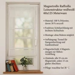 Magnetrollo Raffrollo ohne Bohren Leinenstruktur mit 4 Magnetstäben wollweiß 60x125cm (BxH)