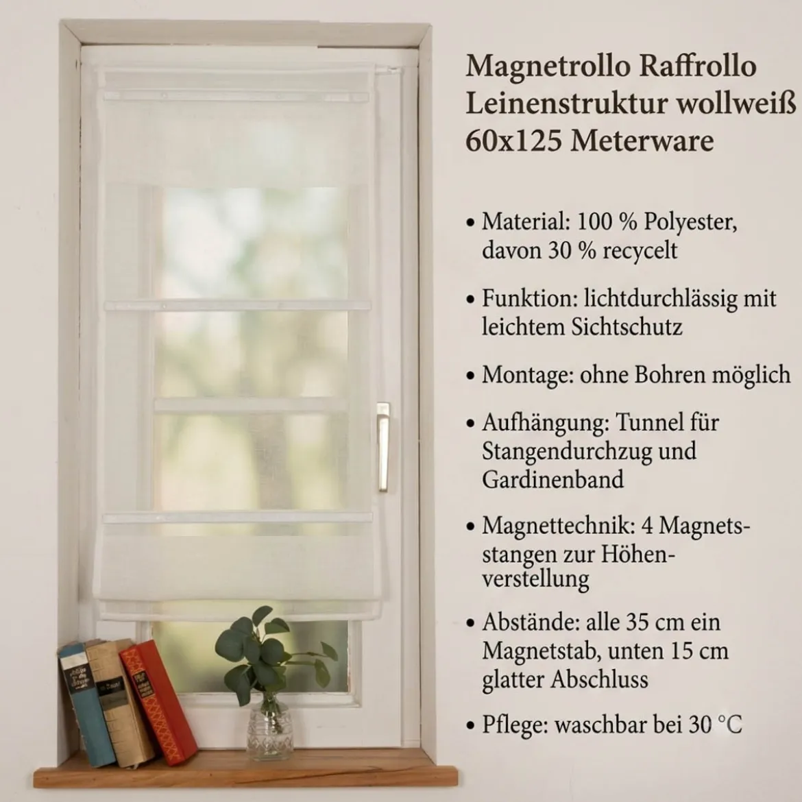 Magnetrollo Raffrollo ohne Bohren Leinenstruktur mit 4 Magnetstäben wollweiß 60x125cm (BxH)