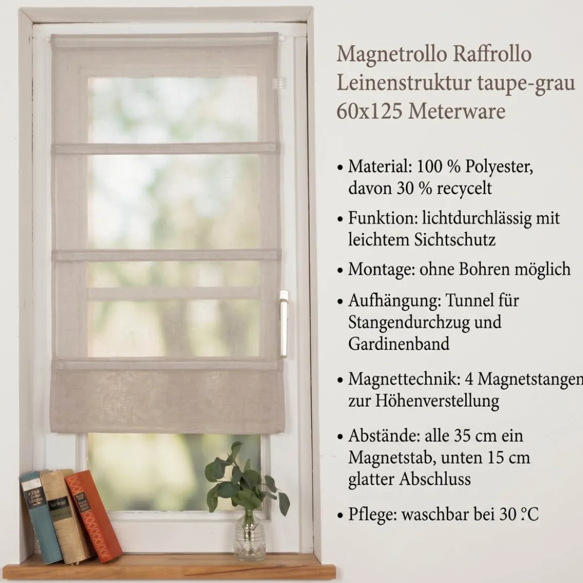 Magnetrollo Raffrollo ohne Bohren Leinenstruktur mit 4 Magnetstäben taupe-grau 60x125cm (BxH)