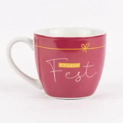 Maxi Tasse aus Porzellan frohes Fest Schleife dunkelrot weiß gold 400ml von La Vida