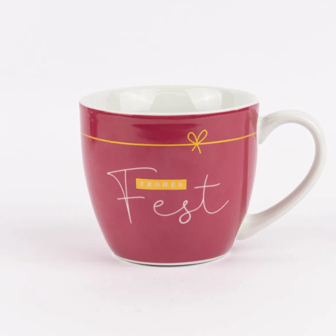 Maxi Tasse aus Porzellan frohes Fest Schleife dunkelrot weiß gold 400ml von La Vida