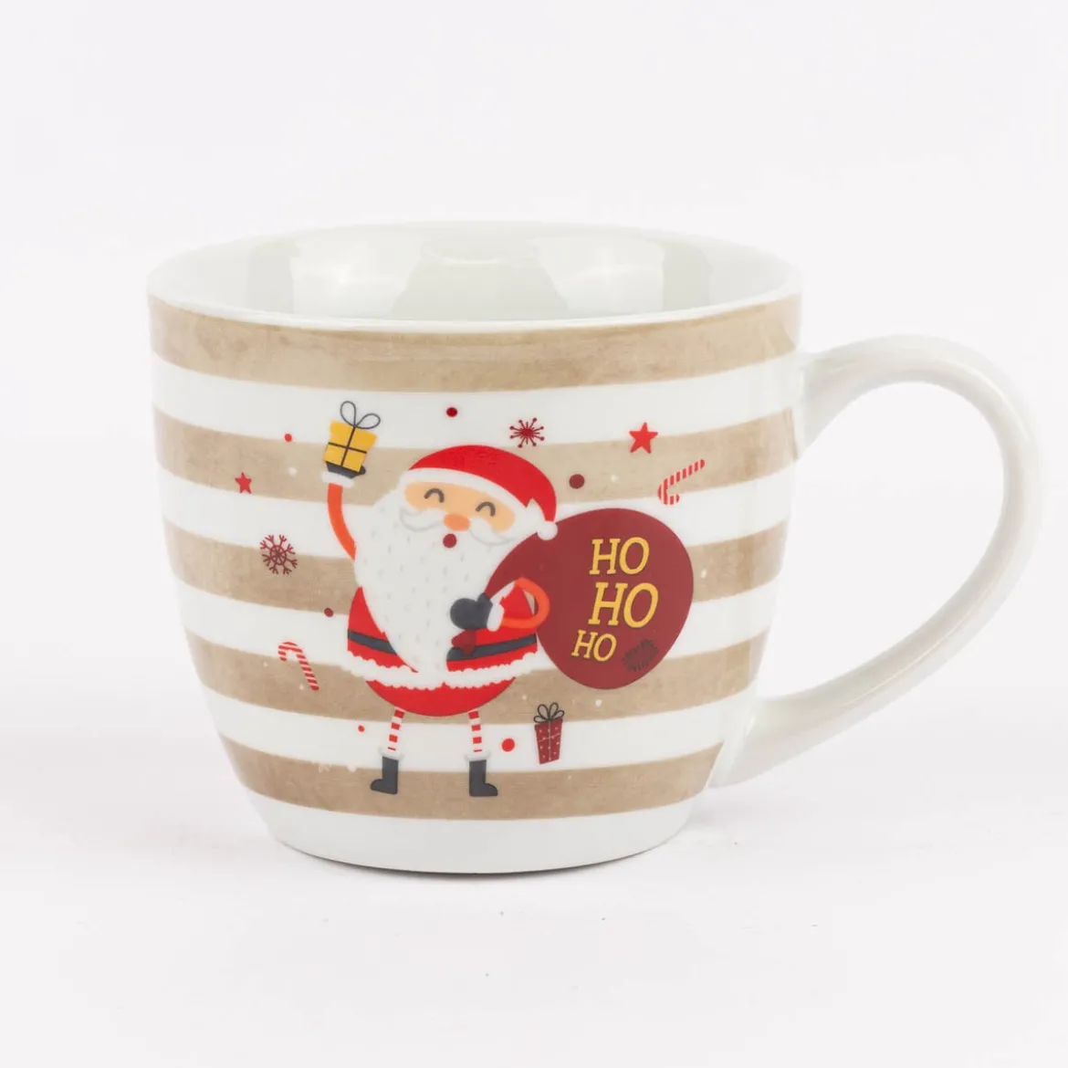 Maxi Tasse aus Porzellan Ho Ho Ho Streifen Weihnachtmann Schneesterne beige weiß rot 400ml von La Vida