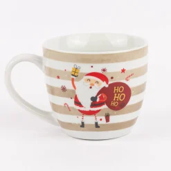 Maxi Tasse aus Porzellan Ho Ho Ho Streifen Weihnachtmann Schneesterne beige weiß rot 400ml von La Vida
